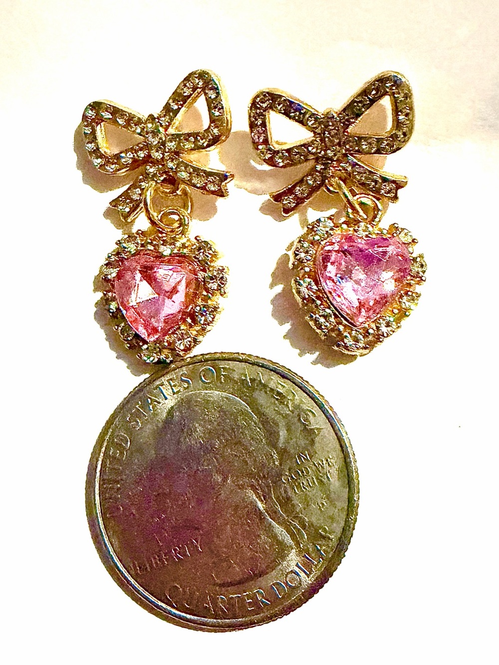 Pink Rhinestone Heart Dangle Earrings - Picture 2 of 2
